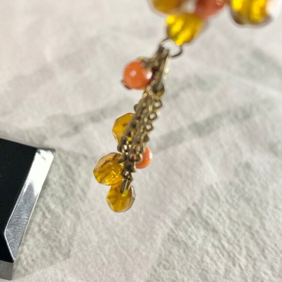Bohemian Dangle Earrings - Amber Glass & Coral Beaded Jewelry - Brass Tone Chain - Picture 4 of 8